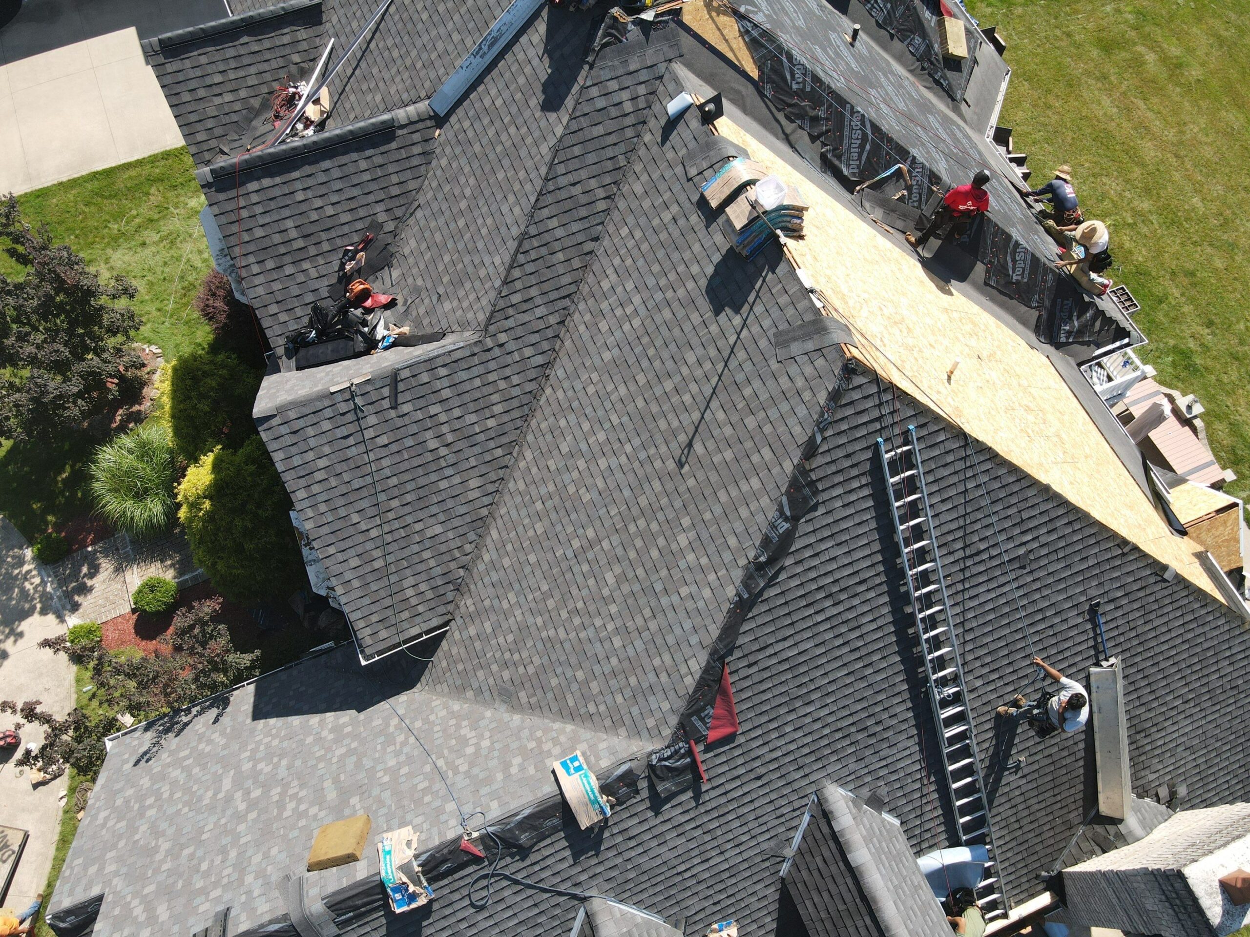 aerial drone image of a roof install in Ohio.